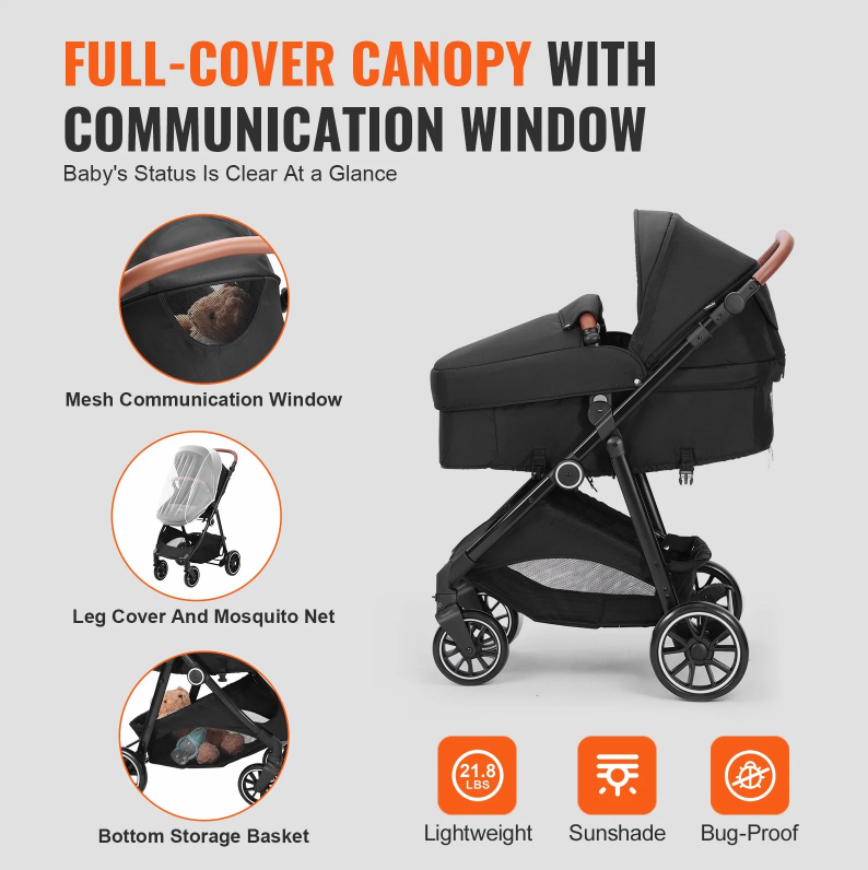 Deluxe Adjustable Baby Stroller with Bassinet - Black