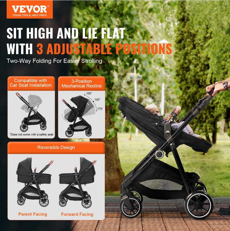Deluxe Adjustable Baby Stroller with Bassinet - Black