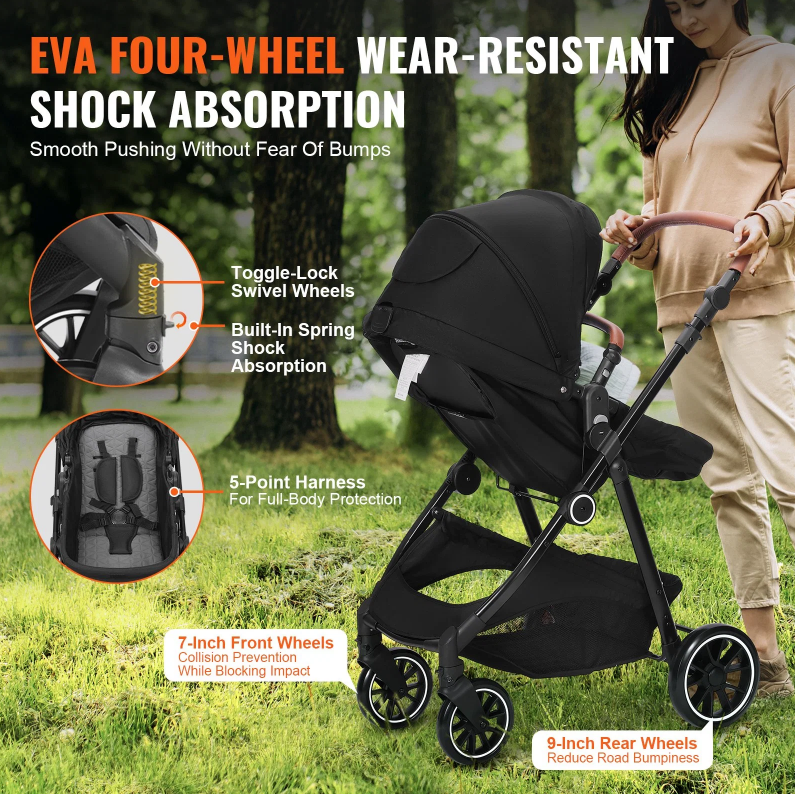 Deluxe Adjustable Baby Stroller with Bassinet - Black