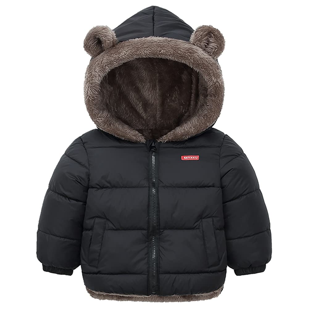 Baby Boys Girls Winter Coat Cute Bear Ear Hooded Jacket Warm Fleece Outerwear Windproof Zipper Infant Toddler Black 18-24M